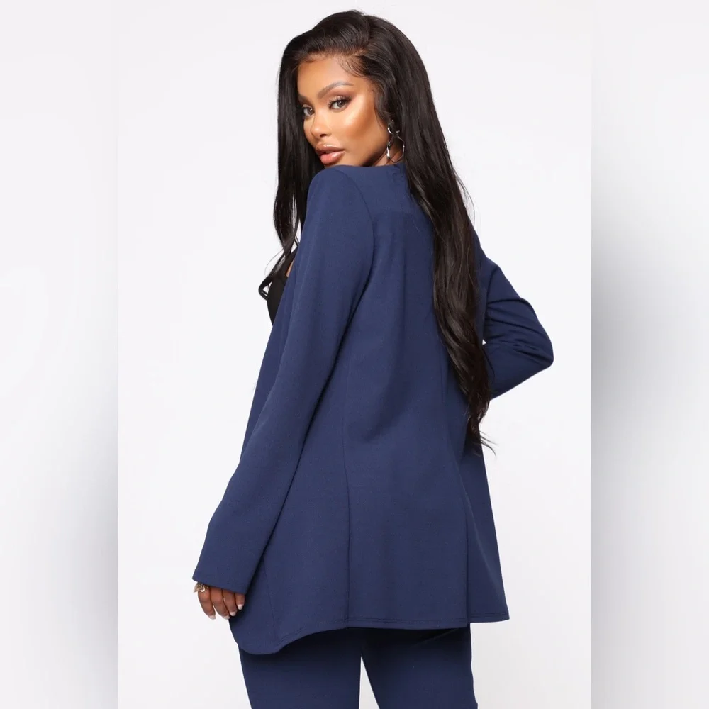 (B4) NWT Fashion Nova Navy Blue‎ Shoulder Pad Career Open Blazer Jacket M